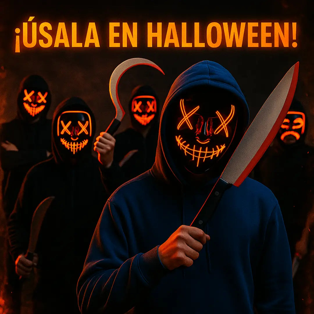 Pack Noche Roja — Máscara LED La Purga + Sangre Comestible X2 + Cuchillo Falso GRATIS