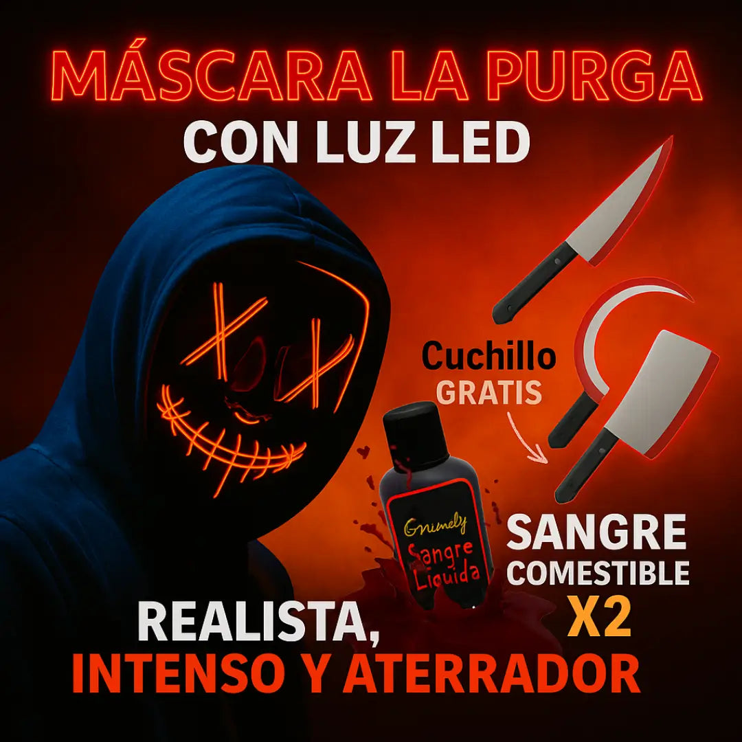 Pack Noche Roja — Máscara LED La Purga + Sangre Comestible X2 + Cuchillo Falso GRATIS